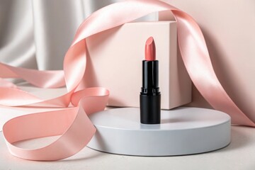 Elegant coral lipstick displayed with soft pink satin ribbon and geometric shapes