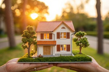 Hands holding a miniature house with warm sunset lighting and lush green surroundings