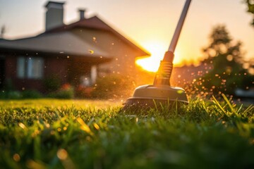 Sweeping a grassy lawn at sunset with a house in the background