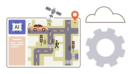 AI chip coordinates smart traffic signals, autonomous car, and pedestrian at intersection, guided by satellite navigation. Ideal for technology, innovation, automation, traffic management, smart