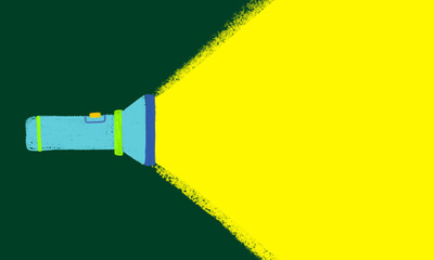 Flashlight with bright beam illustration. Light burst background. Yellow spotlight copy space graphic element.