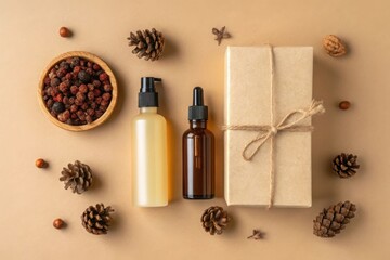 Natural skincare products with pine cones and berries for a rustic aesthetic