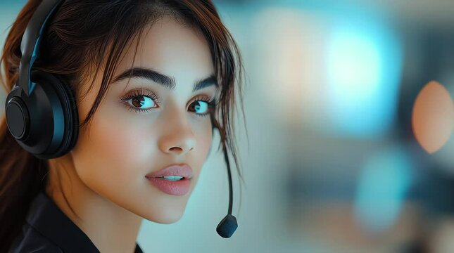 4K video of a female call center agent on a head set talking to a cilent in a modern call center