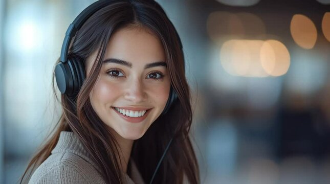 4K video of a female call center agent on a head set talking to a cilent in a modern call center