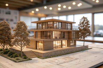 Detailed architectural model of a modern multi story wooden house with large windows and balconies