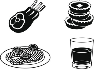Canadian cuisine icon set with butter tart and salmon