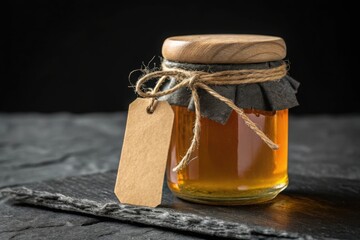 Artisan honey jar with wooden lid and blank kraft tag on slate surface