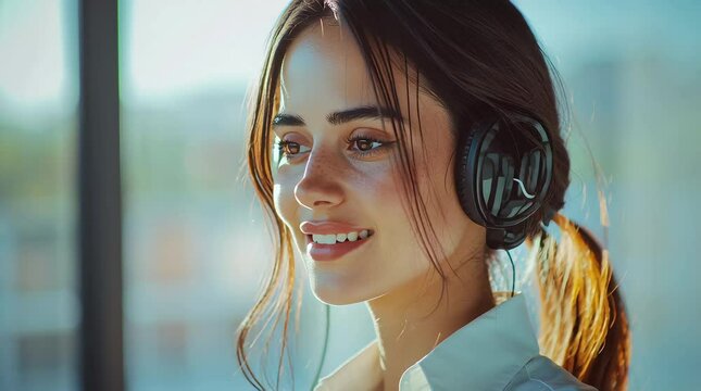 4K video of a female call center agent on a head set talking to a cilent in a modern call center