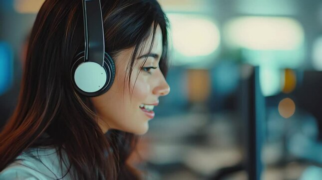 4K video of a female call center agent on a head set talking to a cilent in a modern call center