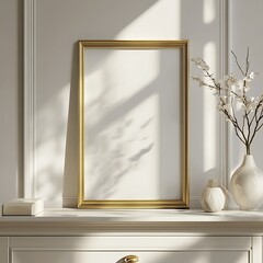 Elegant golden picture frame mockup with white walls and decoration enhances a modern interior design.