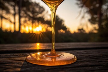 Golden honey drips onto a wooden surface at sunset with lens flare