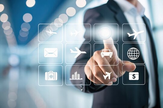 Businessman interacts with a futuristic digital interface displaying travel and business icons