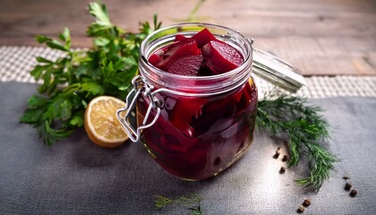 delicious homemade pickled beets in a glass jar with herbs on a rustic background generative ai