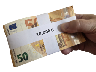 Bundle of fifty euro banknotes wrapped in paper for financial and economic concepts. Money in a hand on a white background