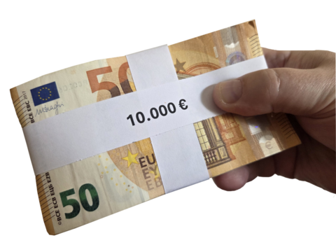 Bundle of fifty euro banknotes wrapped in paper for financial and economic concepts. Money in a hand on a white background - Powered by Adobe