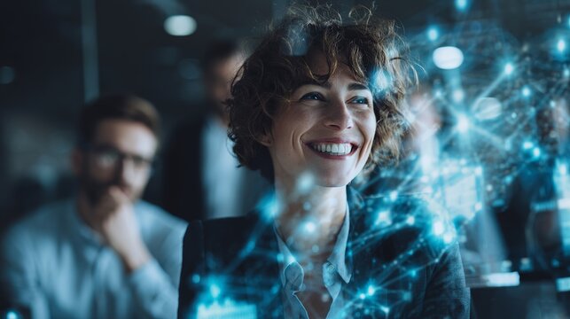 Smiling businesswoman surrounded by digital network, showcasing technology, innovation, and a bright future in the company.