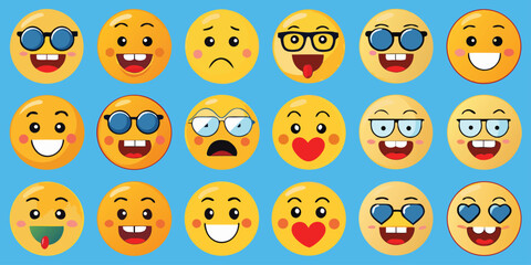 Grid of Colorful Cartoon Emoji Faces with Varied Emotions and Accessories on White Background  Fun Expression Icons Set
