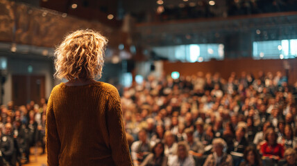 Female speaker in orange sweater addressing massive audience in large conference hall venue