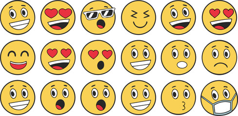 Obraz premium Emoji Face Collection in Symmetrical Grid Layout Featuring Happy Sad Angry and Surprised Expressions Modern Vector Design