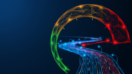 Futuristic visualization of speed and digital technology. A speedometer at maximum power and the high-speed road of the future. Polygonal design of interconnected lines and dots.