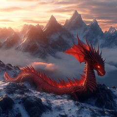 Fiery dragon rests atop a snow-capped mountain peak.