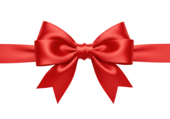 Pristine vibrant red satin ribbon tied into a neat symmetrical bow with crisp loops, elegant trails, on a transparent background with copy space, clean studio lighting, concept for luxury gifting and