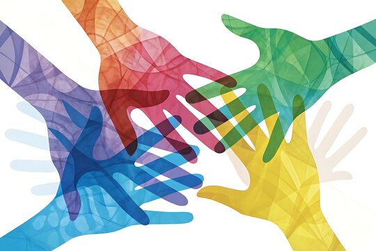 Diverse hands reaching together in unity and collaboration isolated on white background