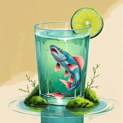 A Caipirinha cocktail, where the liquid itself resembles a serene pond and  a tiny piranha swims in the pond