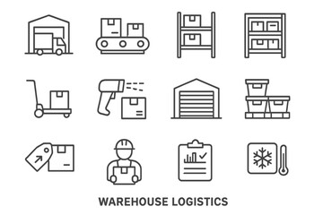Warehouse logistics icons set with equipment and storage elements