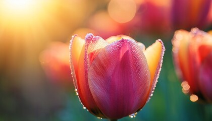close up of dewy tulip petals in morning sunlight