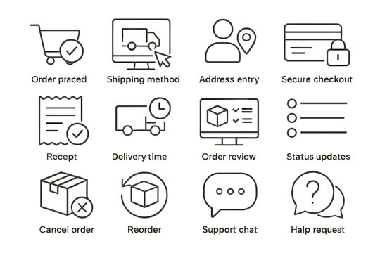 E-commerce icon set illustrating order process and customer support