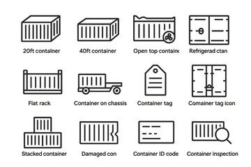 Vector icons of various shipping containers on grey background