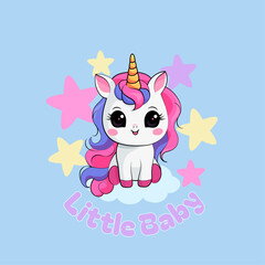 Baby Unicorn sitting on a cloud on stars background, with text: Little baby. isolated colorful vector illustration. Kawaii children's print, poster, sticker, for design of clothing, textiles, rooms. 