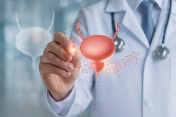 Urologist Doctor Showing Human Urinary System with Bladder and Prostate on Virtual Interface, Concept of Urology, Prostate Health, Bladder Disease, and Urinary Tract Treatment in Medical Technology