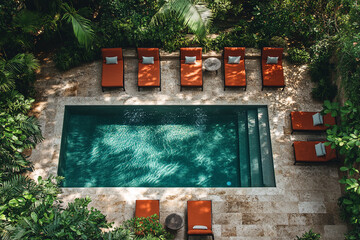 Serene poolside retreat surrounded by lush greenery