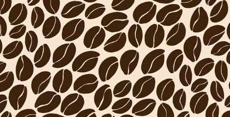 Various coffee beans, dense and lively background. Graphic pattern with outlines of beans, minimalism. Clean background with sparse arrangement of beans in outline style.