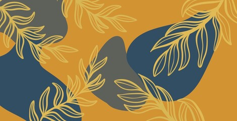 Yellow-orange background with brightly colored leaves, reminiscent of a sunset.