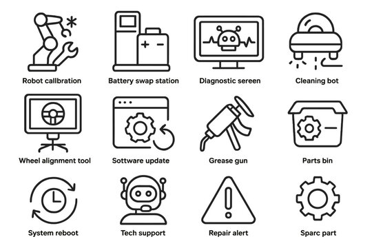Robotic maintenance icons: diagnostic, calibration, update, support, alignment