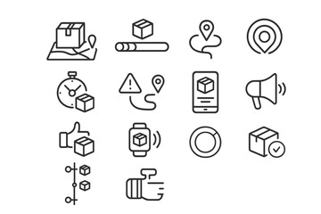 Black and white delivery icons set highlighting tracking and notification