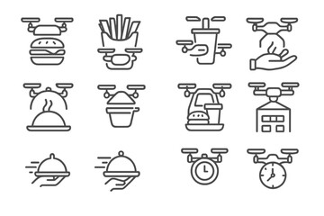 Drone food delivery icons on gray background with various meal symbols