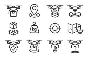 Drone icons set: gps, package delivery, weight, speed, navigation, temperature