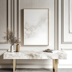 Interior scene showcases marble desk and decorative vases with frame on the wall creating a serene space.