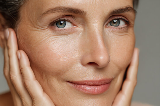 Close up of a mature woman s face with blue eyes and hands gently touching her cheeks