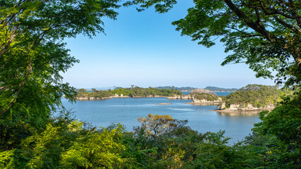 A tree framed view of the islands of the bay of Matsushima in Japan