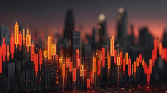 Financial Chart Displayed on a Cityscape Backdrop with Warm Illumination and Dark Tones showing