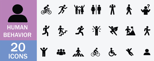 set of vector silhouettes of people, Human Behavior and Activity Icons Set of Silhouette Vector on White Background