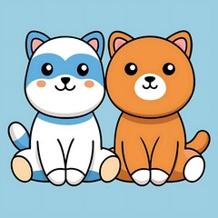 Two cute cartoon dogs sitting together isolated on white background