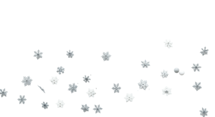 Light grey and white stylized snowflakes and dots in varying sizes, delicately scattered on an immaculate bright white seamless backdrop, captured with studio lighting and ample copy space. Crisp