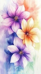 Vibrant watercolor artwork showcasing three blooming flowers in shades of purple and orange, symbolizing beauty and nature's delicacy, perfect for any floral decor or garden theme.