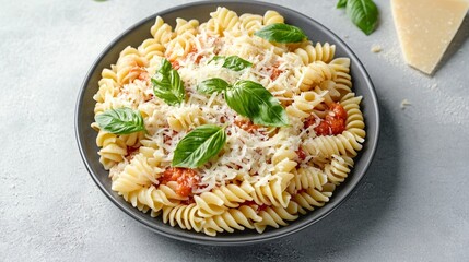 Delicious rotini pasta served in a stylish black bowl, topped with fresh basil and grated cheese, perfect for Italian cuisine lovers and food photography enthusiasts alike.